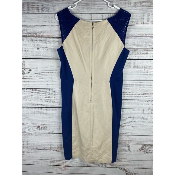 DKNY Blue & Cream Linen Shift Knee Length Dress 8 Coastal Neutral Wedding Beachy - Picture 7 of 8